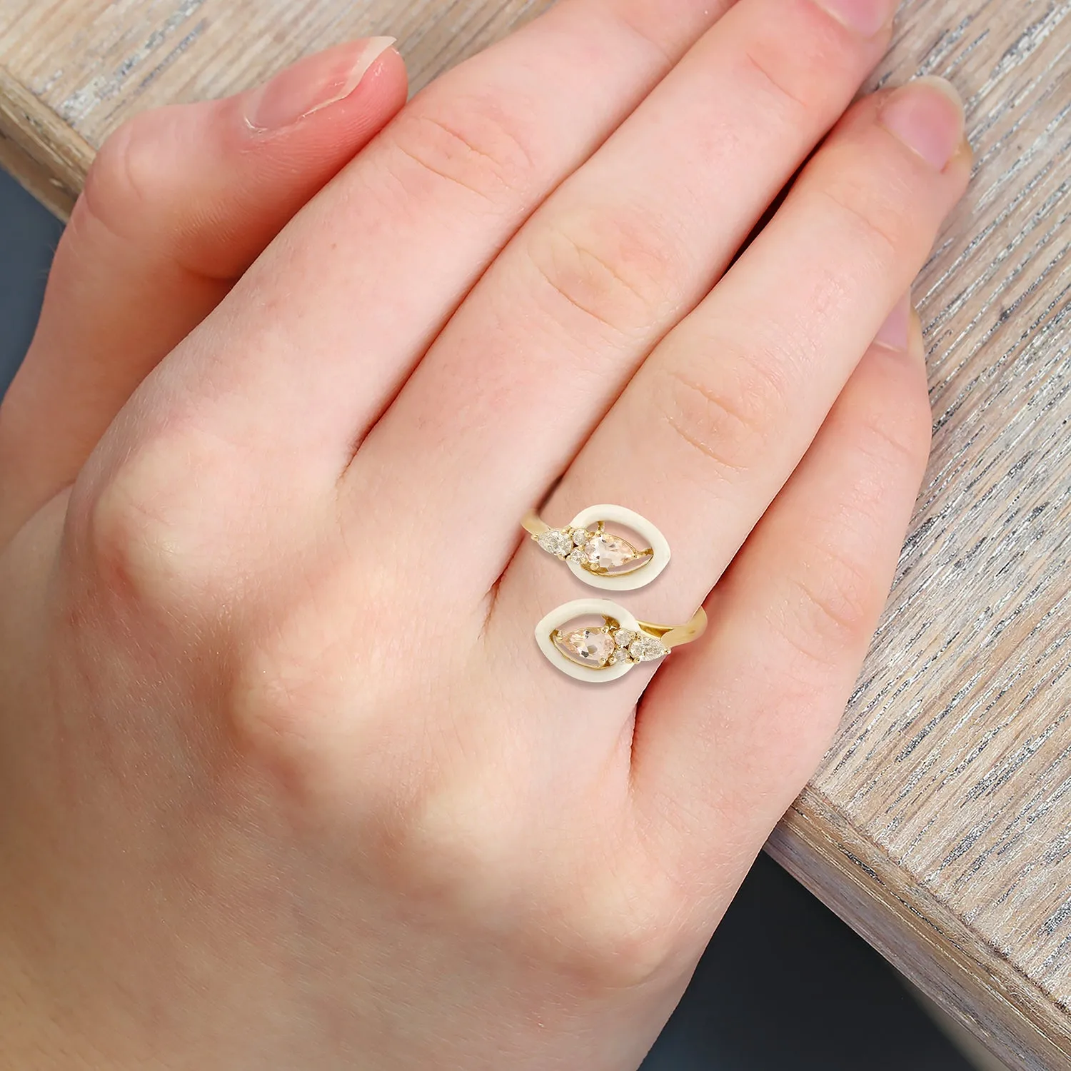 14k Yellow Gold Natural Gemstone Morganite & Diamond Bypass Ring Fine Enamel Jewelry