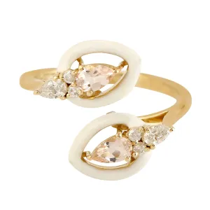 14k Yellow Gold Natural Gemstone Morganite & Diamond Bypass Ring Fine Enamel Jewelry