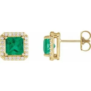14K Yellow Lab-Grown Emerald & .08 CTW Natural Diamond Halo-Style Earrings