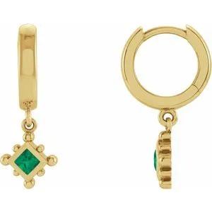 14K Yellow Natural Emerald Beaded Bezel-Set Hoop Earrings