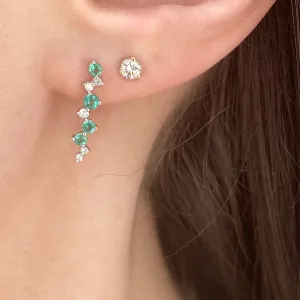 14KT White Gold Cascading Green Emerald   Diamond Post Earrings