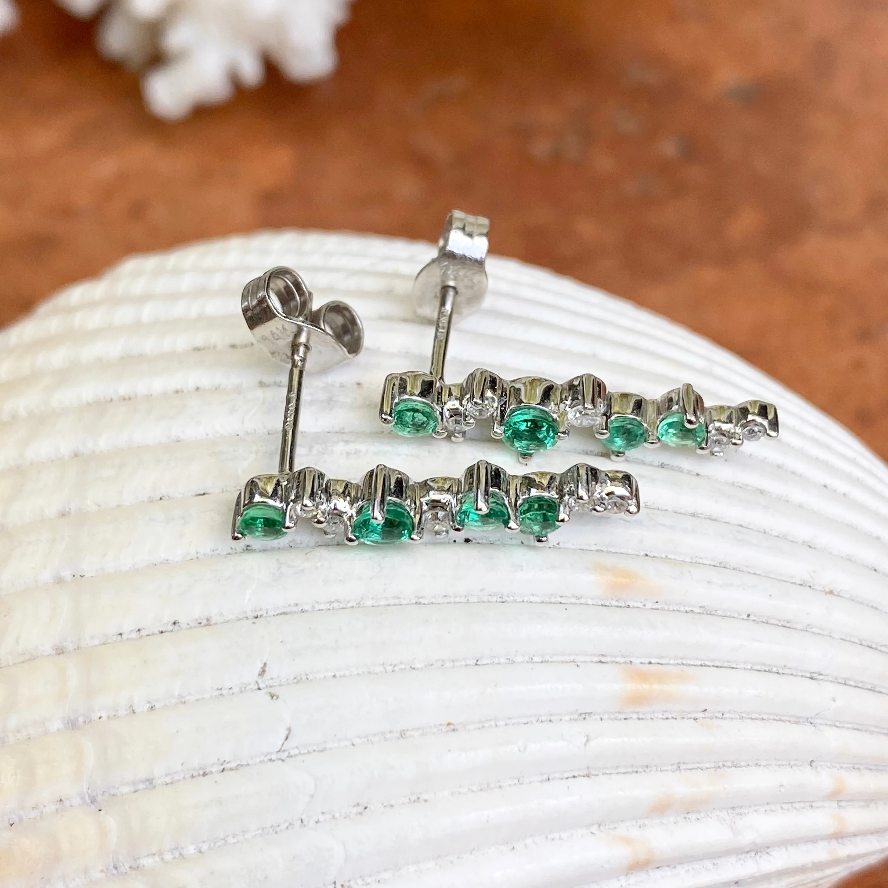 14KT White Gold Cascading Green Emerald   Diamond Post Earrings
