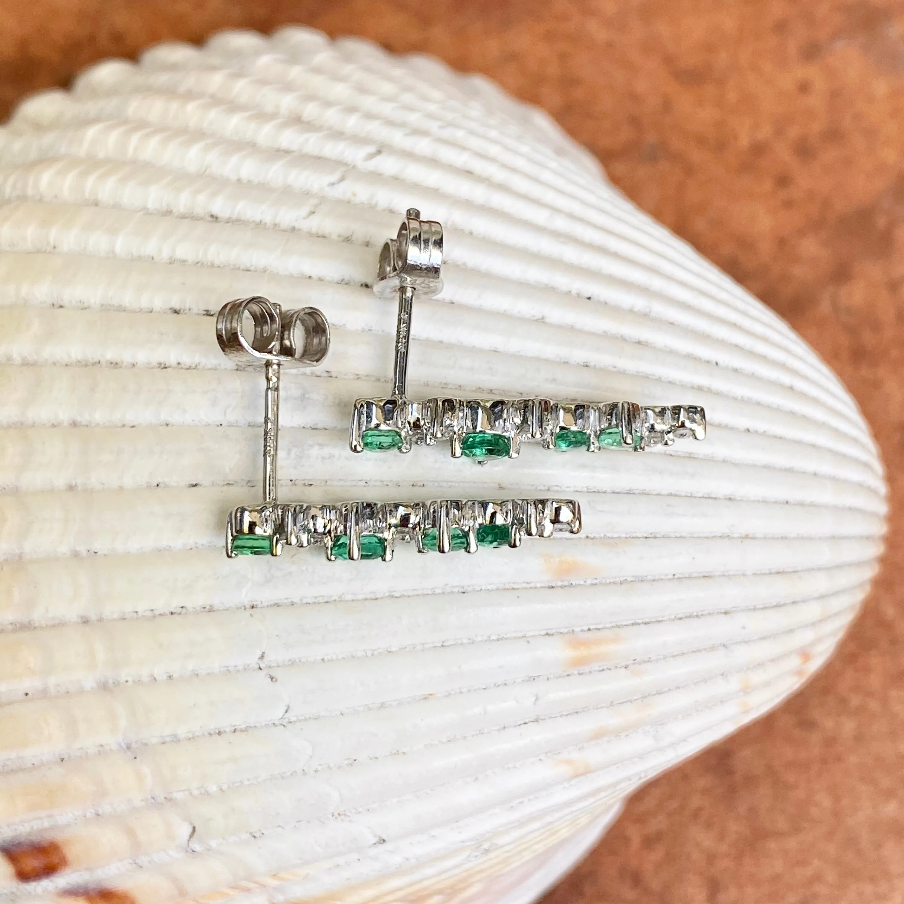 14KT White Gold Cascading Green Emerald   Diamond Post Earrings