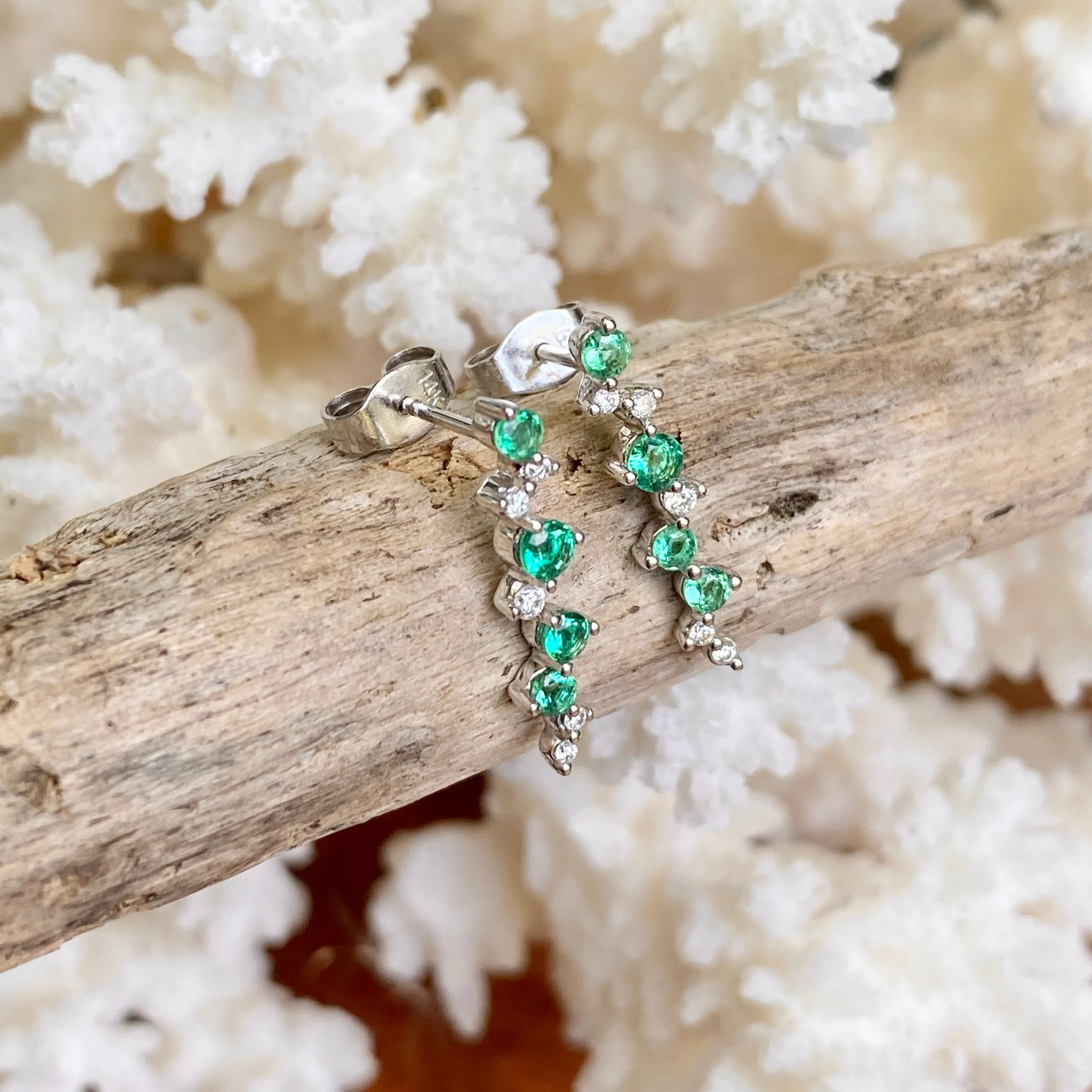 14KT White Gold Cascading Green Emerald   Diamond Post Earrings