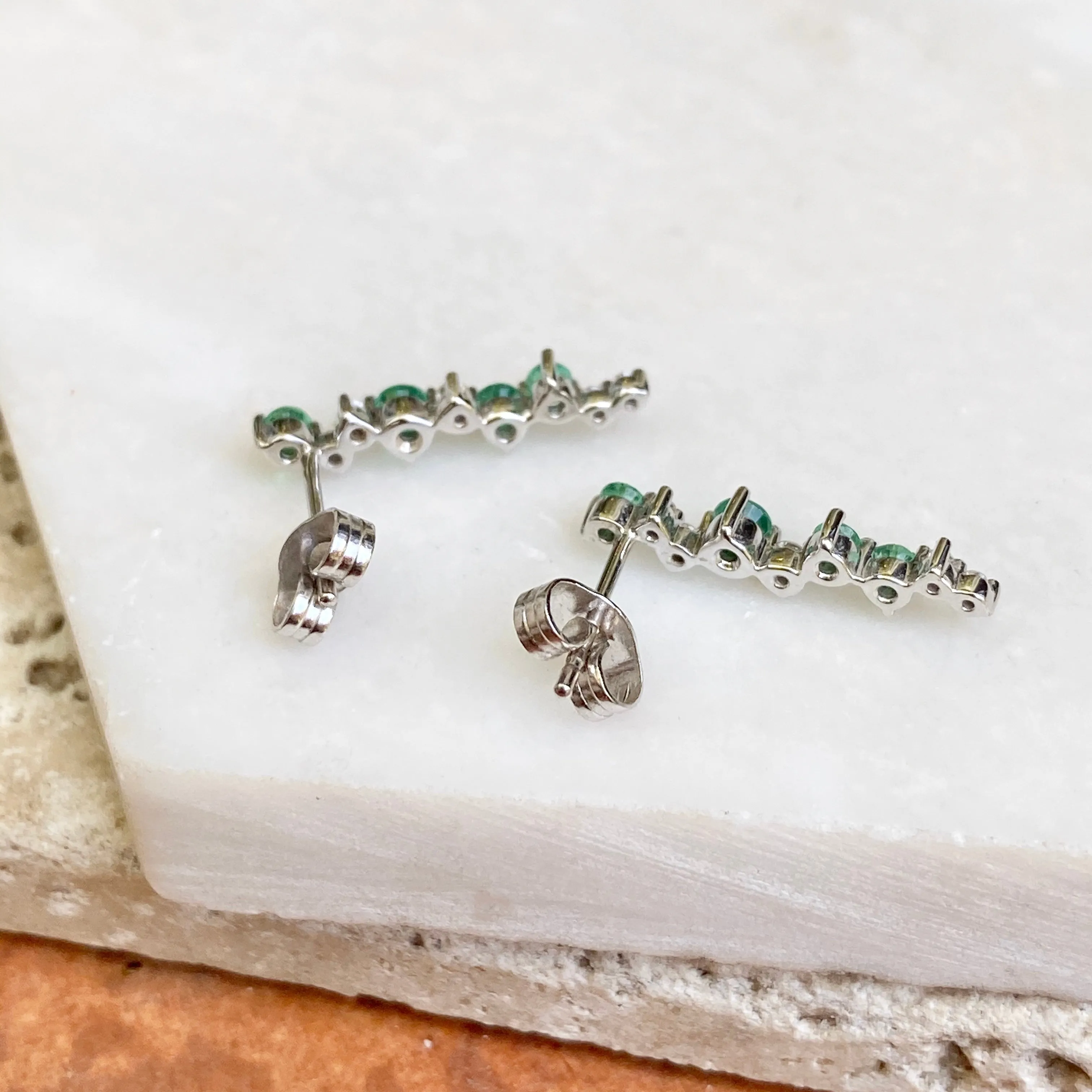 14KT White Gold Cascading Green Emerald   Diamond Post Earrings
