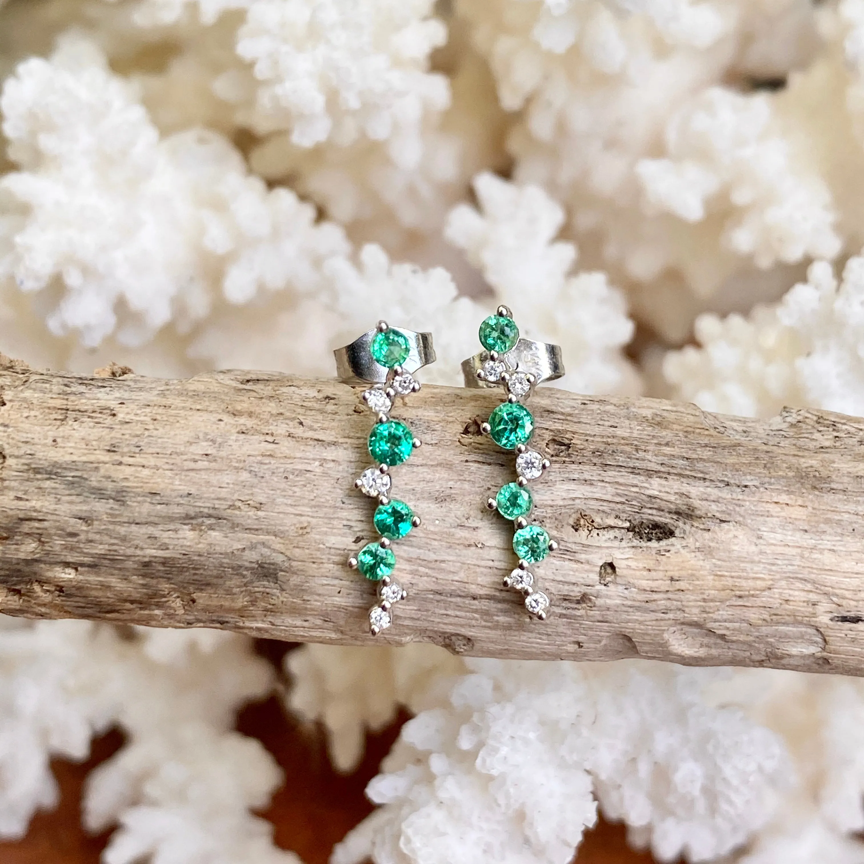 14KT White Gold Cascading Green Emerald   Diamond Post Earrings