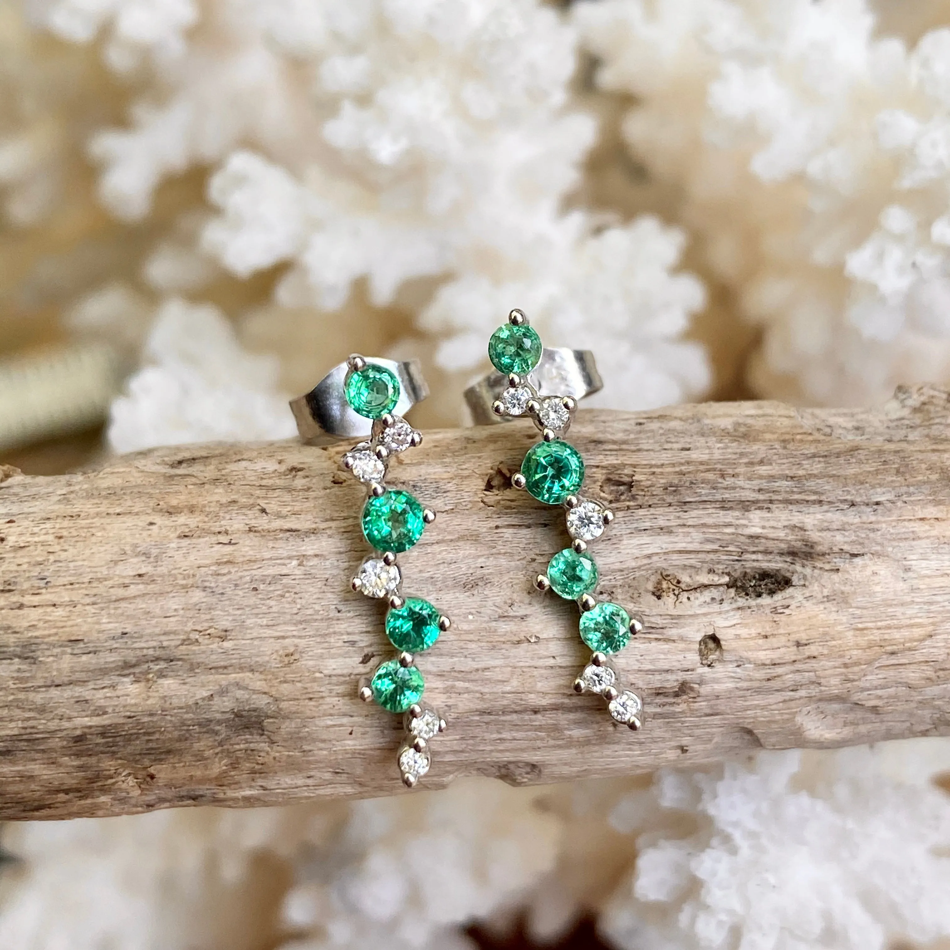 14KT White Gold Cascading Green Emerald   Diamond Post Earrings