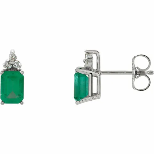14KT White Gold Emerald-Cut Emerald   1/8 CT Diamond Earrings