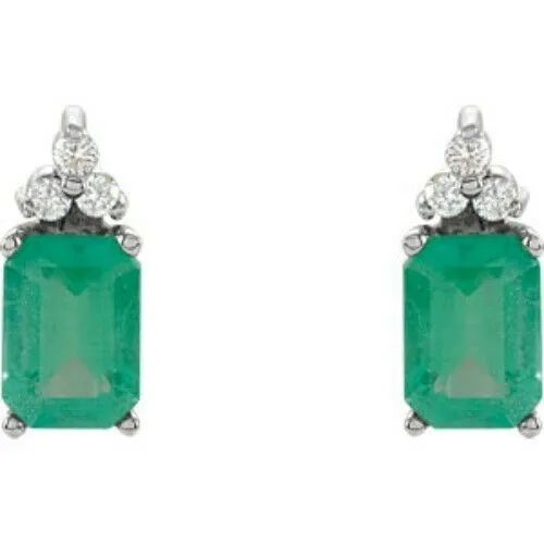 14KT White Gold Emerald-Cut Emerald   1/8 CT Diamond Earrings
