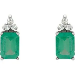 14KT White Gold Emerald-Cut Emerald   1/8 CT Diamond Earrings