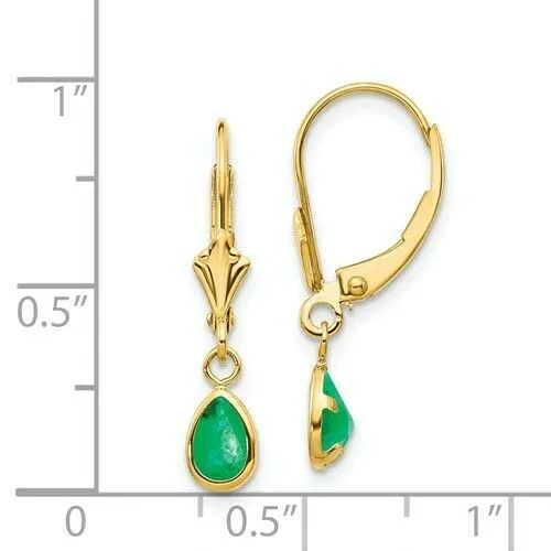 14KT Yellow Gold Pear Emerald Lever Back Earrings