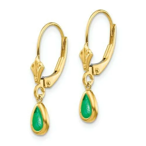 14KT Yellow Gold Pear Emerald Lever Back Earrings