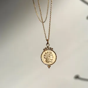 14KT Yellow Gold Satin Roman Coin Disc Pendant Necklace
