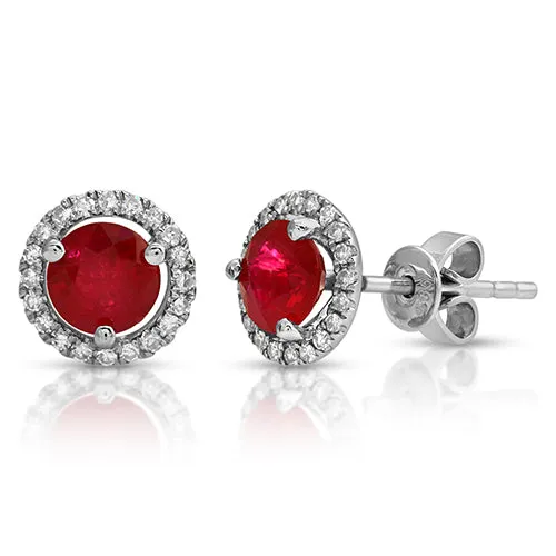 1.50 Carat Round Cut Ruby & Diamond Halo Stud Earrings