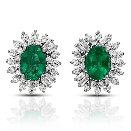 1.52ct Oval Emerald on a Halo Design with 1.46ct Round cut Diamond in 14k White Gold Stud Earrings