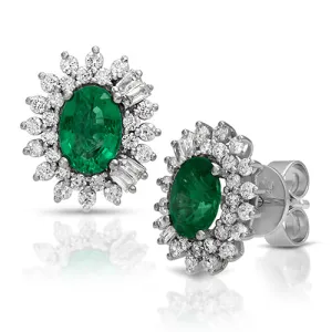 1.52ct Oval Emerald on a Halo Design with 1.46ct Round cut Diamond in 14k White Gold Stud Earrings