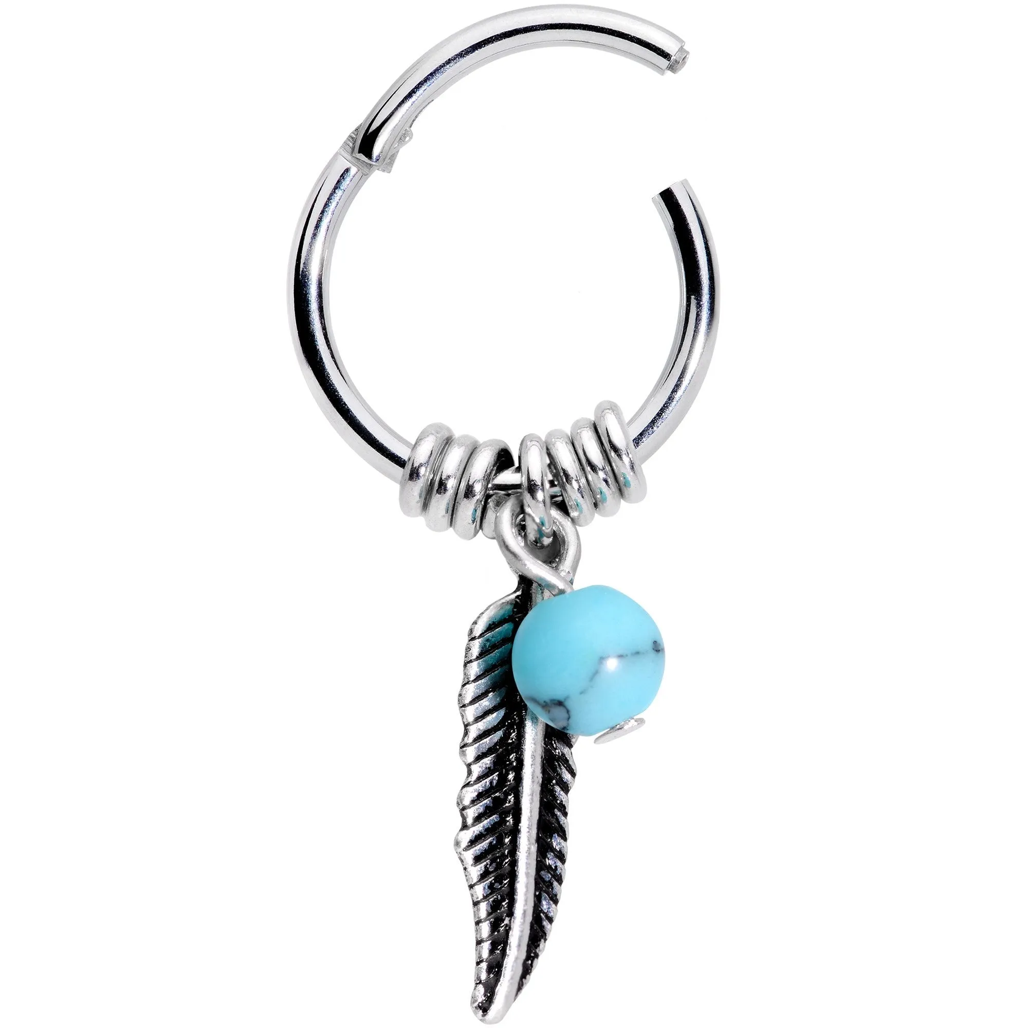 16 Gauge 3/8 Southwest Blue Bead Feather Hinged Dangle Segment Ring