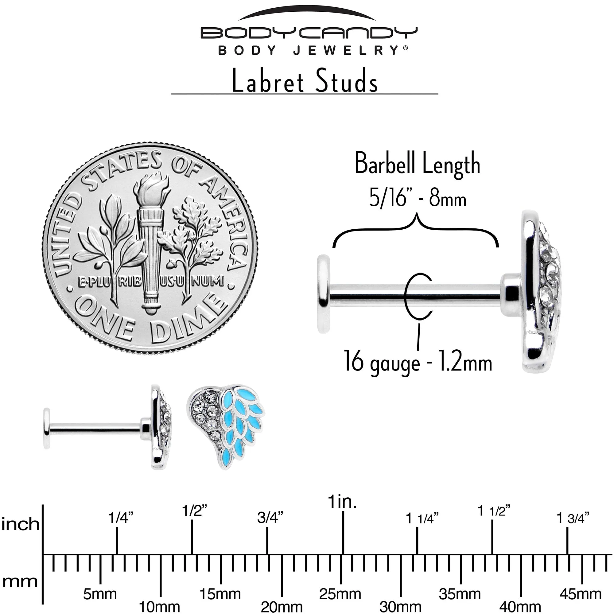 16 Gauge 5/16 Clear Gem Heavenly Heart Angel Wing Blue Labret Tragus