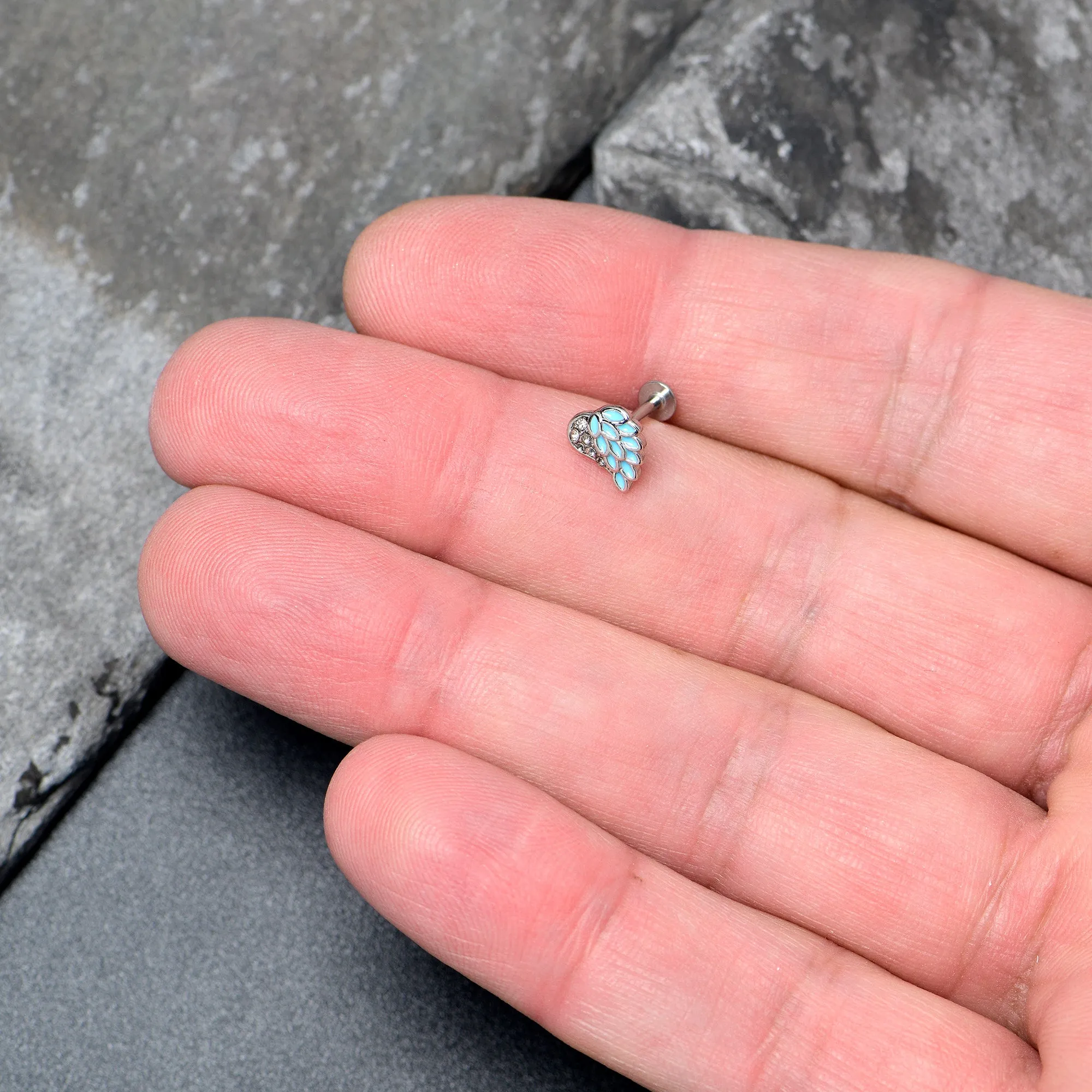 16 Gauge 5/16 Clear Gem Heavenly Heart Angel Wing Blue Labret Tragus