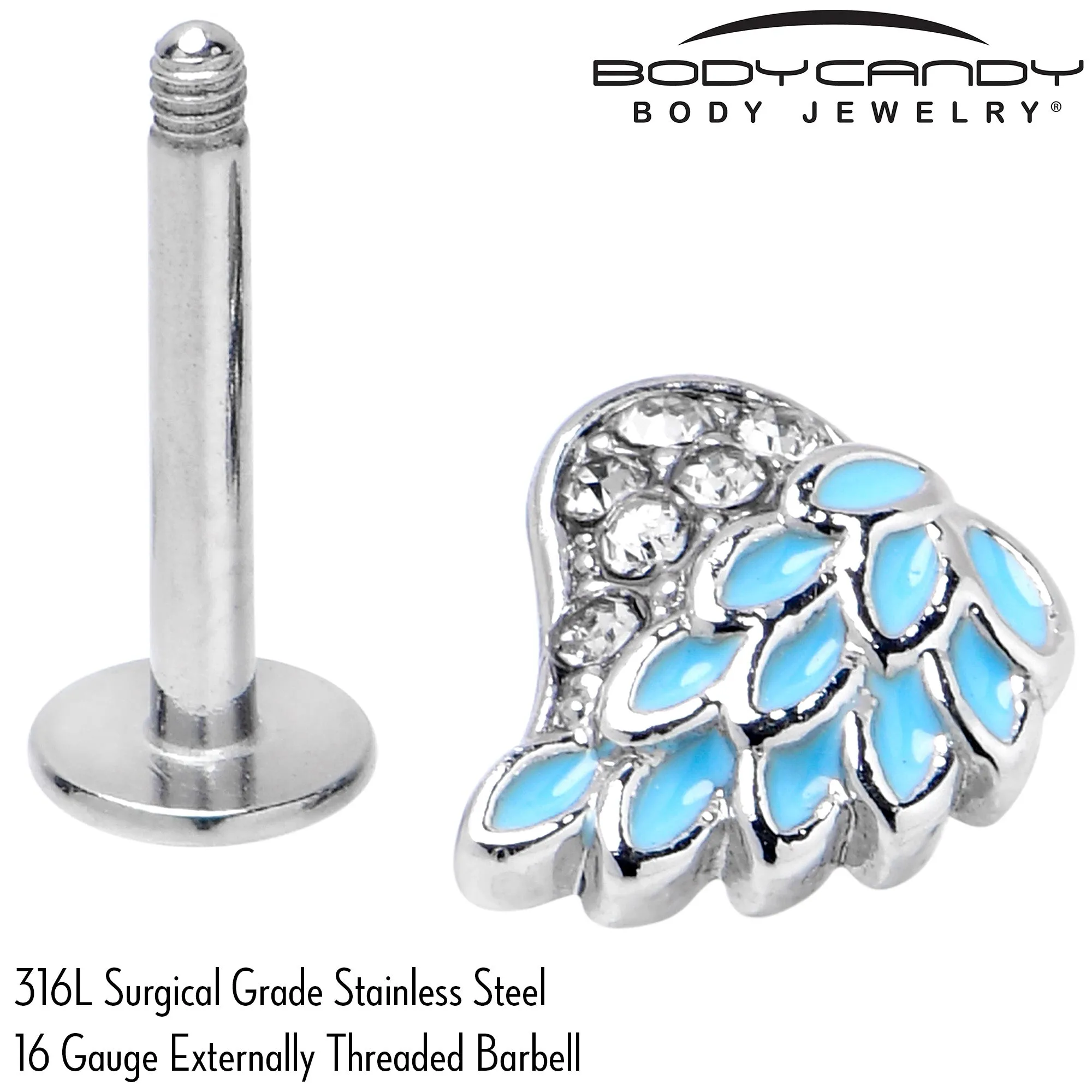 16 Gauge 5/16 Clear Gem Heavenly Heart Angel Wing Blue Labret Tragus