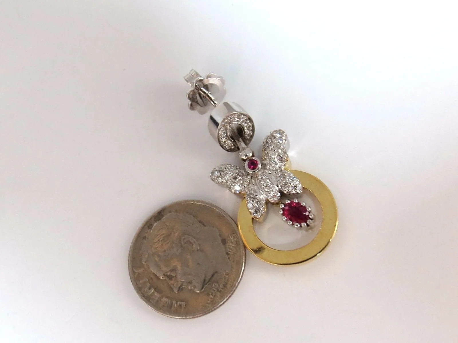 1.70CT NATURAL OVAL BRIGHT RED RUBY DIAMOND DANGLE BUTTERFLY EARRINGS 14KT