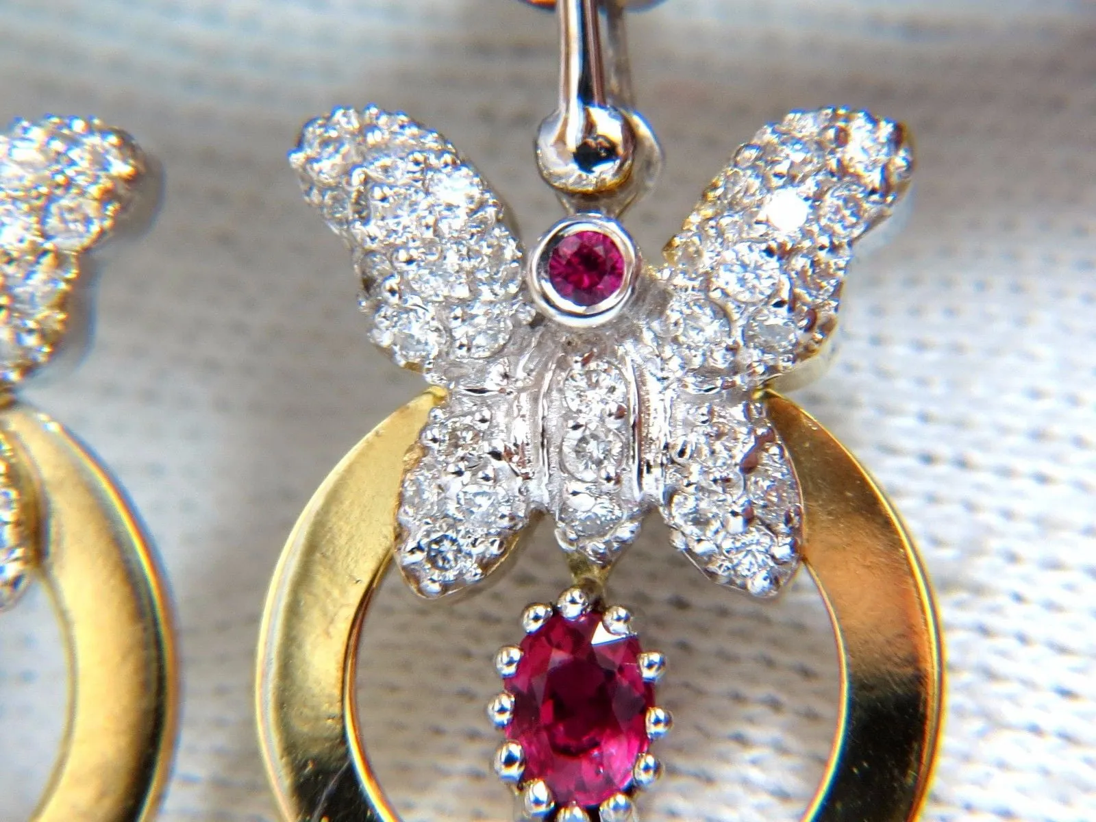 1.70CT NATURAL OVAL BRIGHT RED RUBY DIAMOND DANGLE BUTTERFLY EARRINGS 14KT