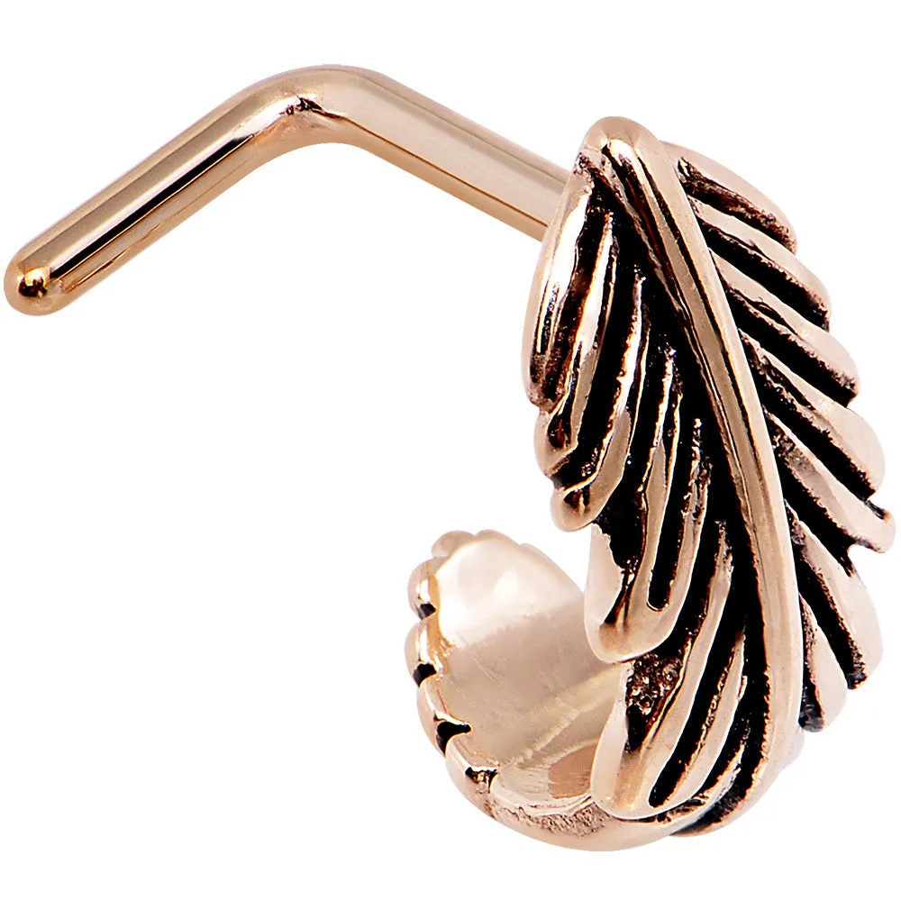 18 Gauge Rose Gold PVD Feather Faux Hoop L Shaped Nose Ring