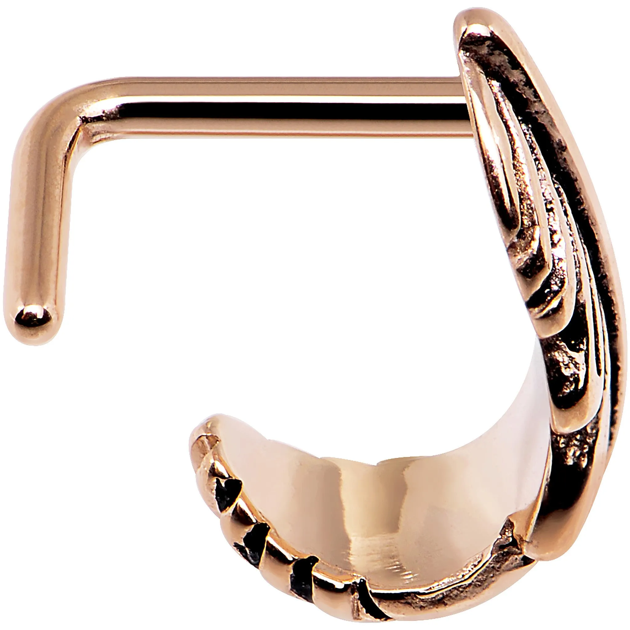 18 Gauge Rose Gold PVD Feather Faux Hoop L Shaped Nose Ring
