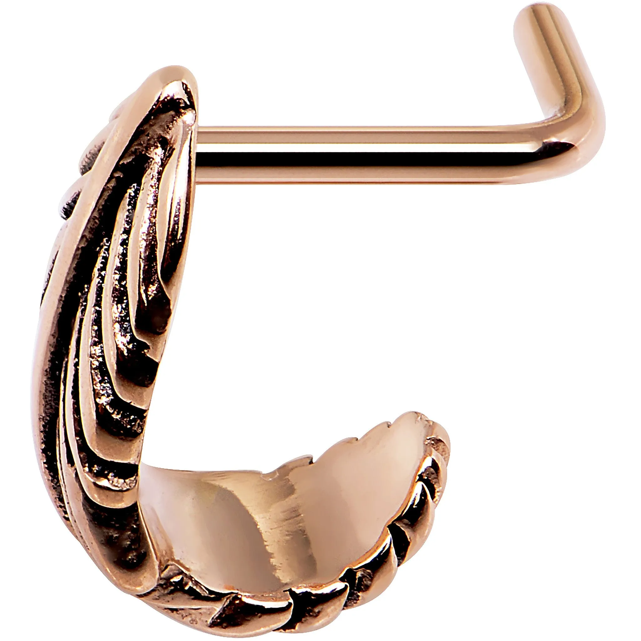 18 Gauge Rose Gold PVD Feather Faux Hoop L Shaped Nose Ring
