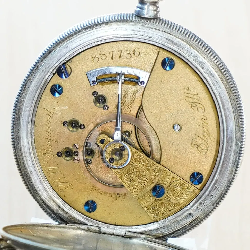 1881 BW Raymond ELGIN Pocket Watch 18s Lever Set Grade 70 Adjusted 15 Jewels 925 Case