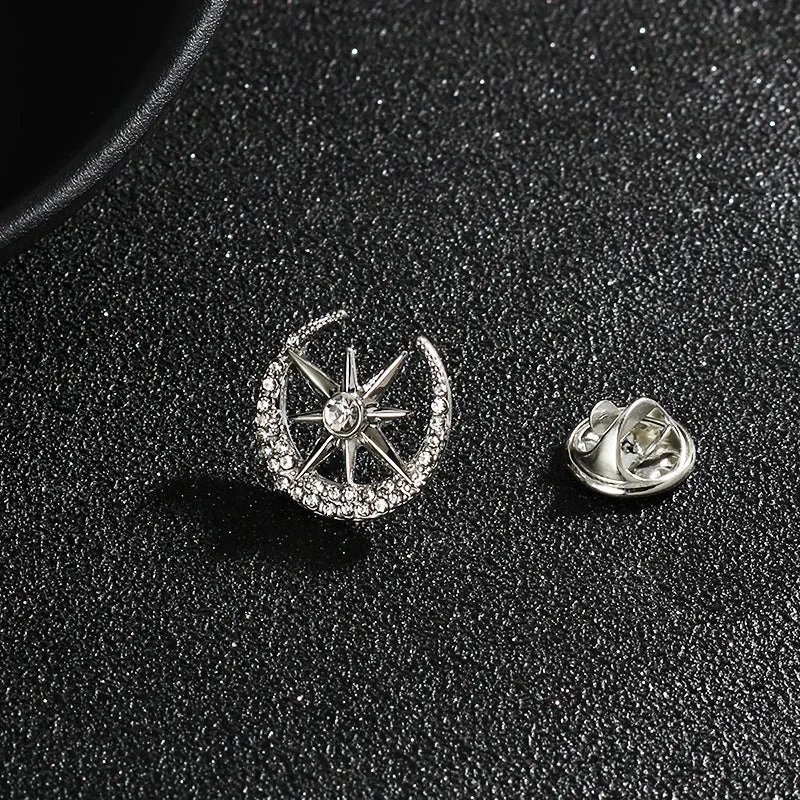 1.8CM Gold Silver Diamond Moon Eight-Pointed Star Suit Brooch 6pcs