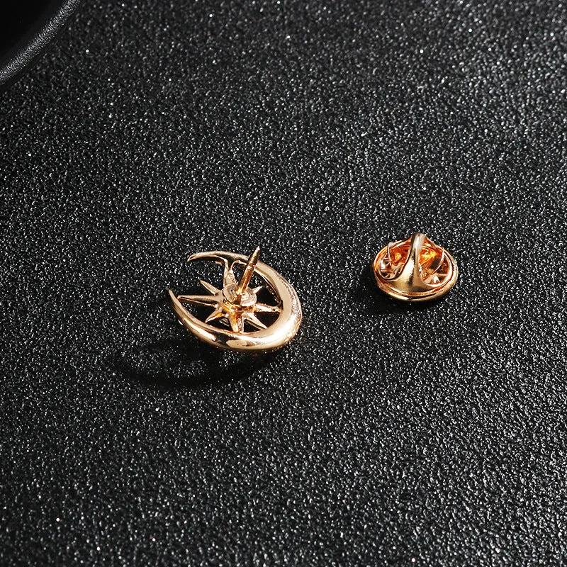 1.8CM Gold Silver Diamond Moon Eight-Pointed Star Suit Brooch 6pcs