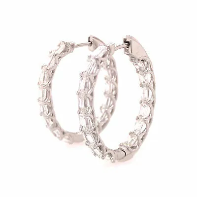18K Emerald Diamond Elongated In/Out Hoop Earrings White Gold