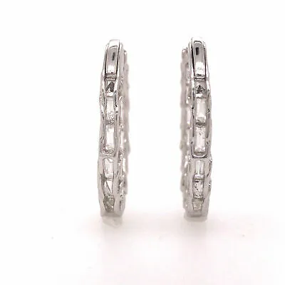 18K Emerald Diamond Elongated In/Out Hoop Earrings White Gold