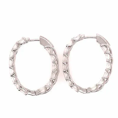 18K Emerald Diamond Elongated In/Out Hoop Earrings White Gold