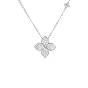 18K GOLD & DIAMOND LARGE PRINCESS FLOWER PENDANT ON LONG CHAIN