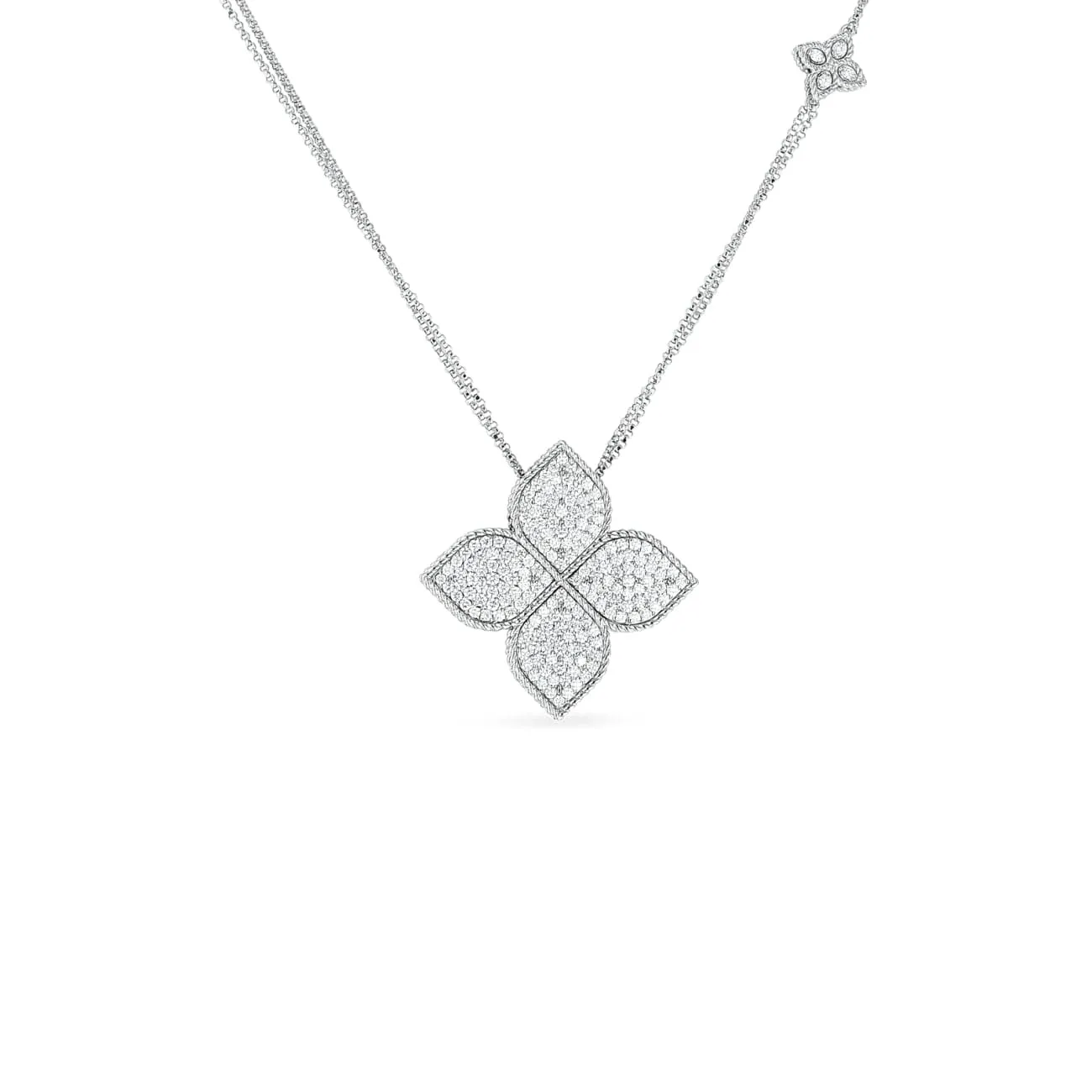 18K GOLD & DIAMOND LARGE PRINCESS FLOWER PENDANT ON LONG CHAIN