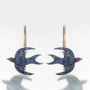 18K Gold And Sapphires Bird Earrings