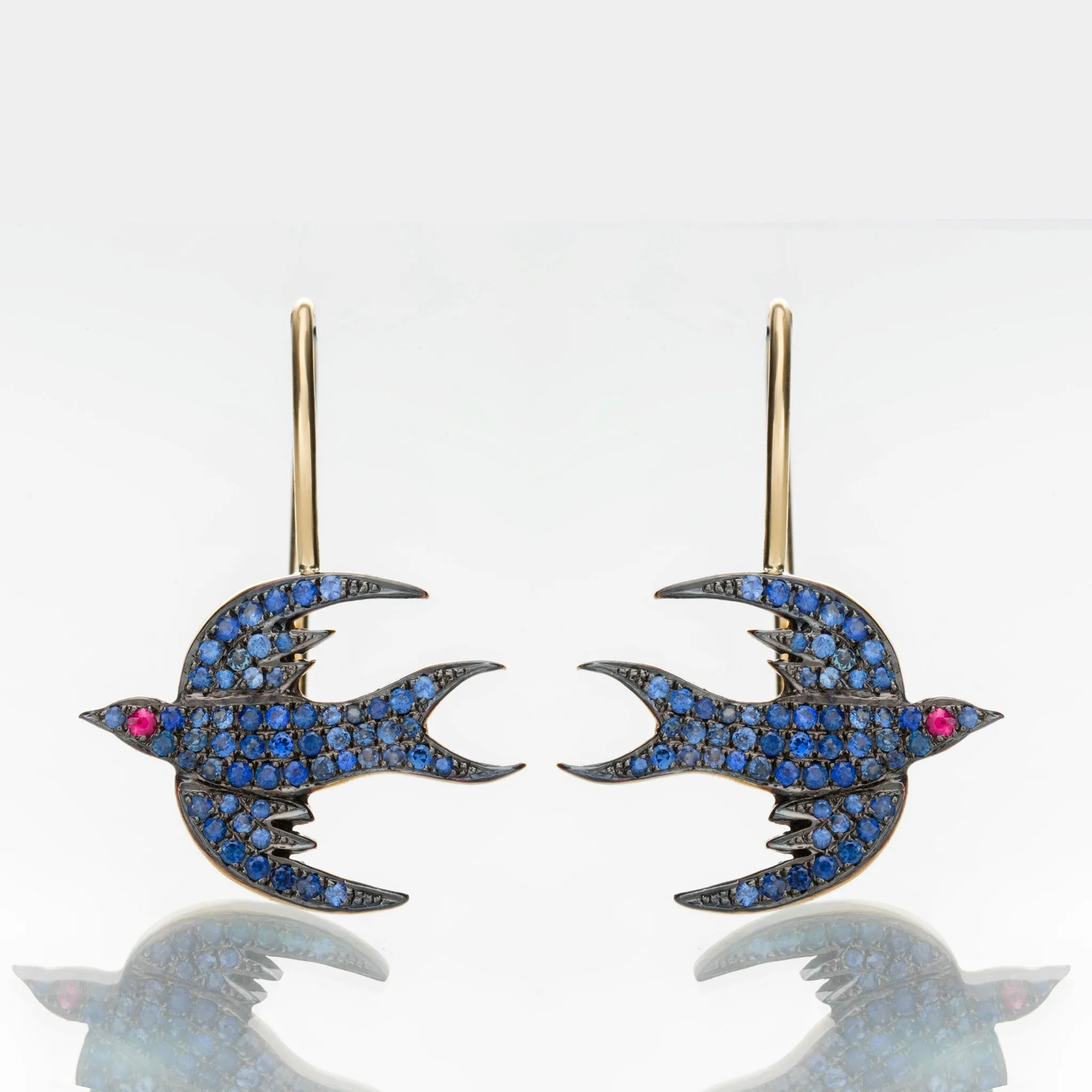 18K Gold And Sapphires Bird Earrings