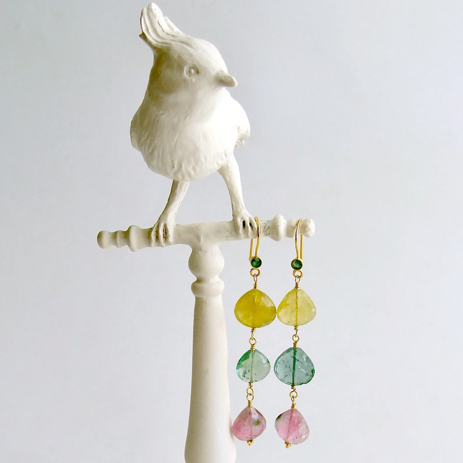 18K Gold Emerald Pastel Afghan Tourmaline Cascading Hearts Earrings - Allison Earrings