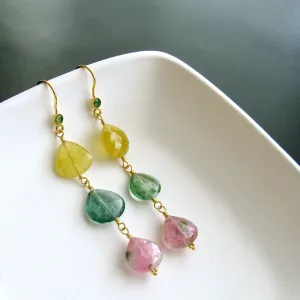18K Gold Emerald Pastel Afghan Tourmaline Cascading Hearts Earrings - Allison Earrings