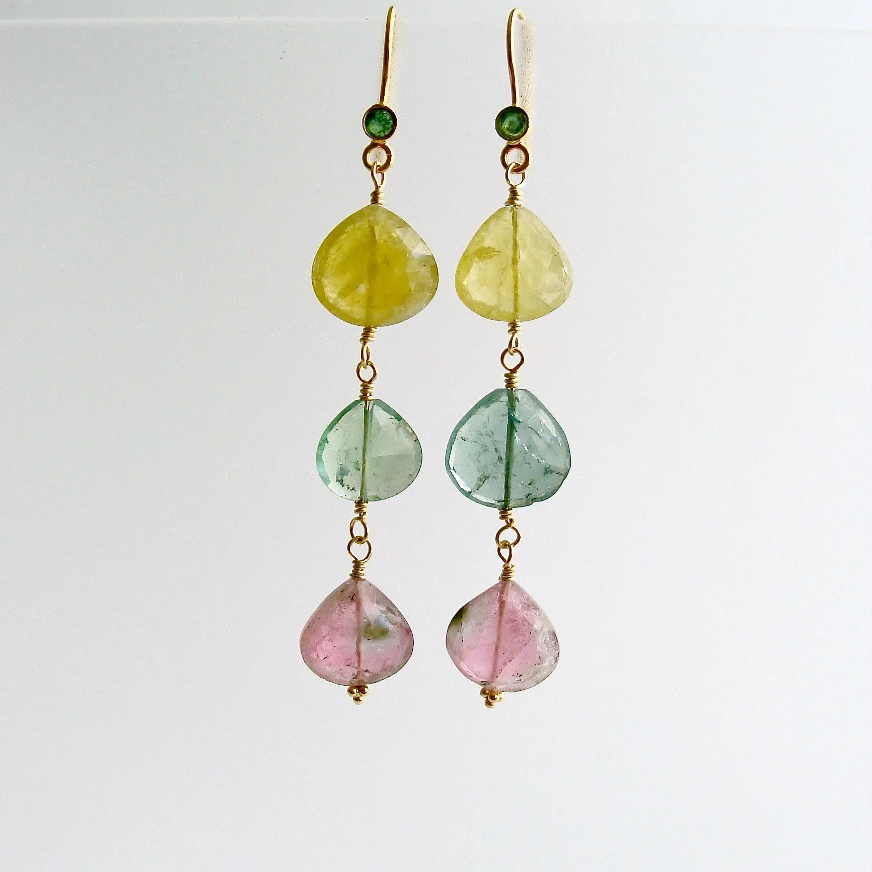 18K Gold Emerald Pastel Afghan Tourmaline Cascading Hearts Earrings - Allison Earrings