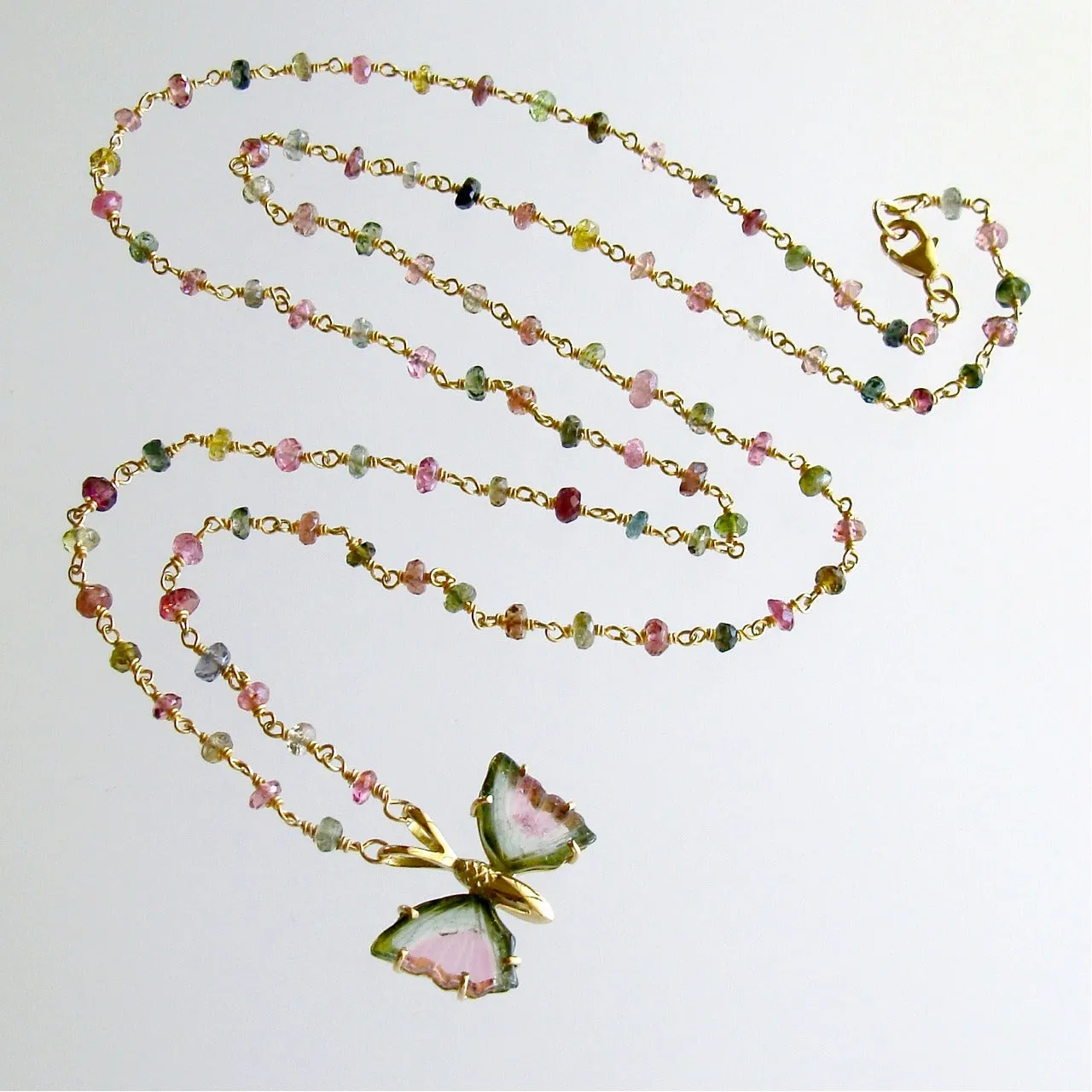 18K Gold Pink Green Watermelon Tourmaline Butterfly Necklace - Le Papillon III Necklace