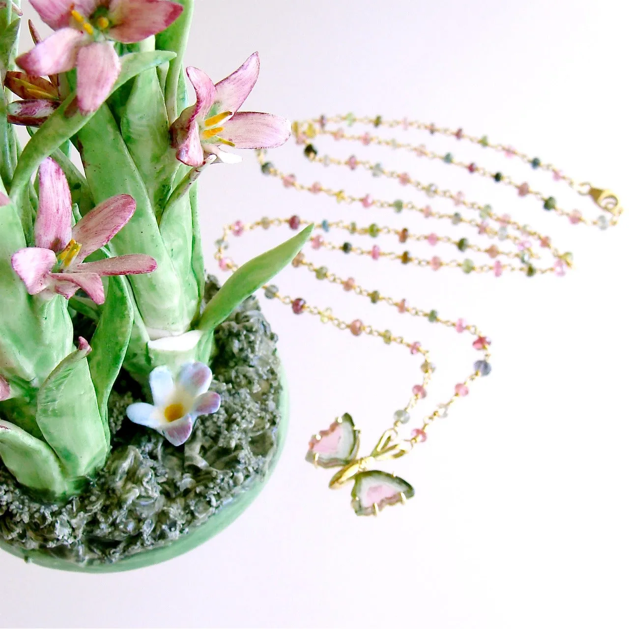 18K Gold Pink Green Watermelon Tourmaline Butterfly Necklace - Le Papillon III Necklace