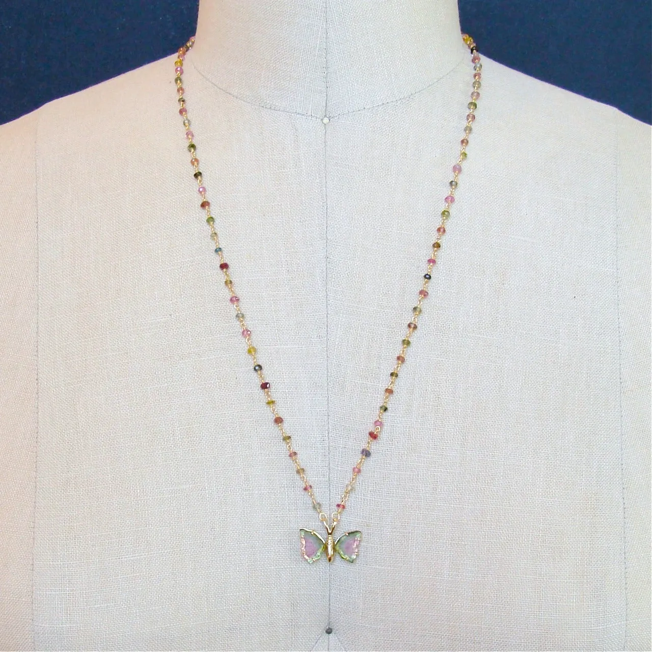 18K Gold Pink Green Watermelon Tourmaline Butterfly Necklace - Le Papillon III Necklace