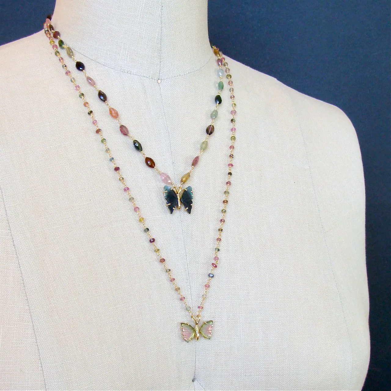 18K Gold Pink Green Watermelon Tourmaline Butterfly Necklace - Le Papillon III Necklace