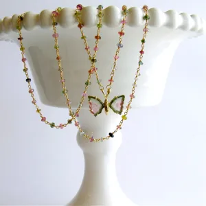 18K Gold Pink Green Watermelon Tourmaline Butterfly Necklace - Le Papillon III Necklace