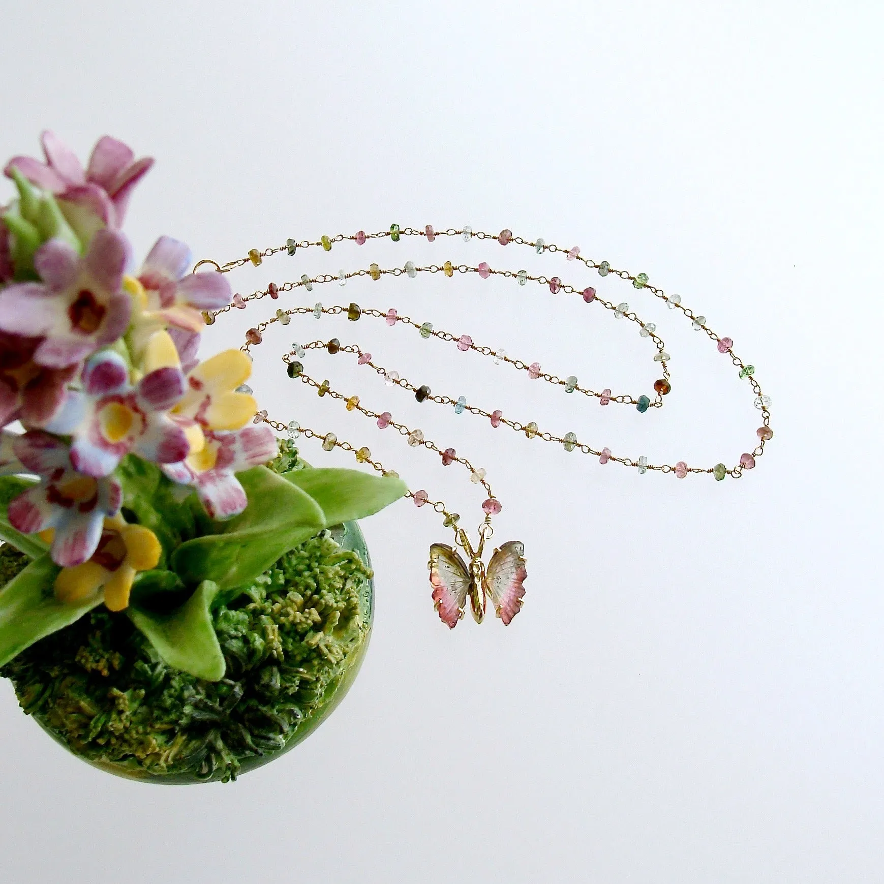 18K Gold Pink Green Watermelon Tourmaline Butterfly Necklace - Le Papillon IX Necklace