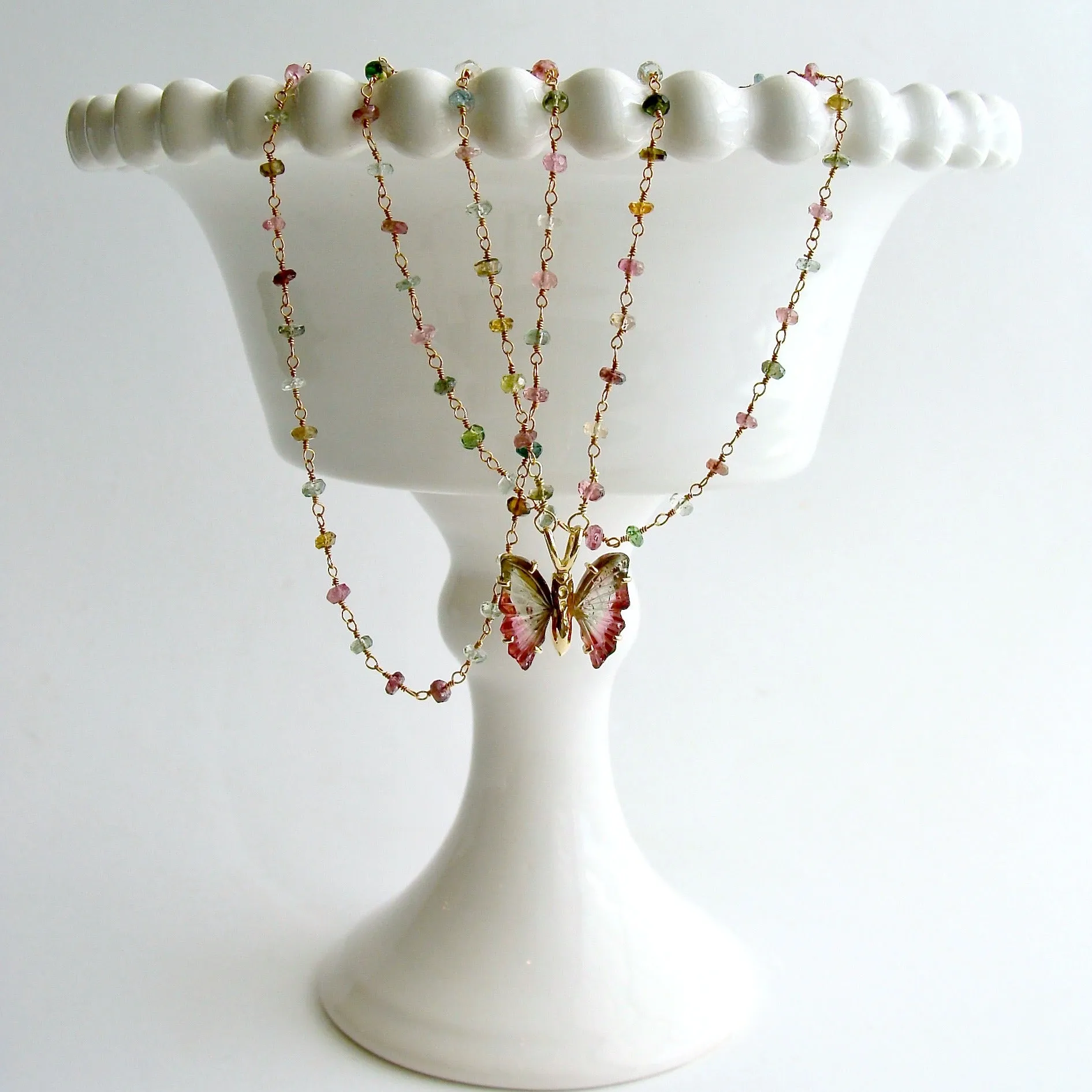 18K Gold Pink Green Watermelon Tourmaline Butterfly Necklace - Le Papillon IX Necklace