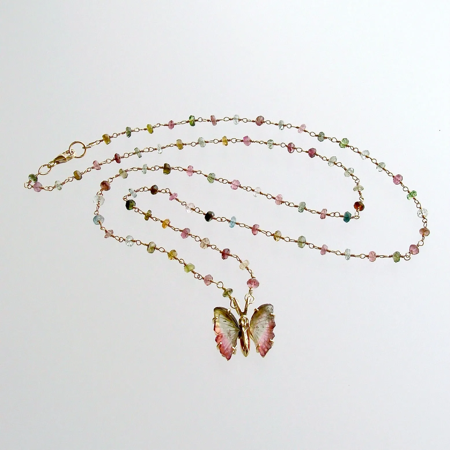 18K Gold Pink Green Watermelon Tourmaline Butterfly Necklace - Le Papillon IX Necklace